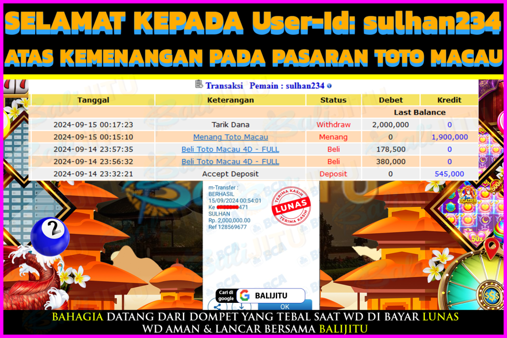 BUKTI MENANG MEMBER BALIJITU 04/10/2024